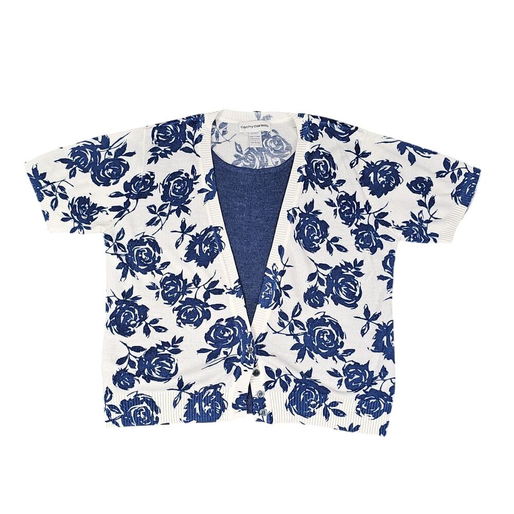 Cathy Daniels womens cardigan sweater szL light weight white blue flowers summer